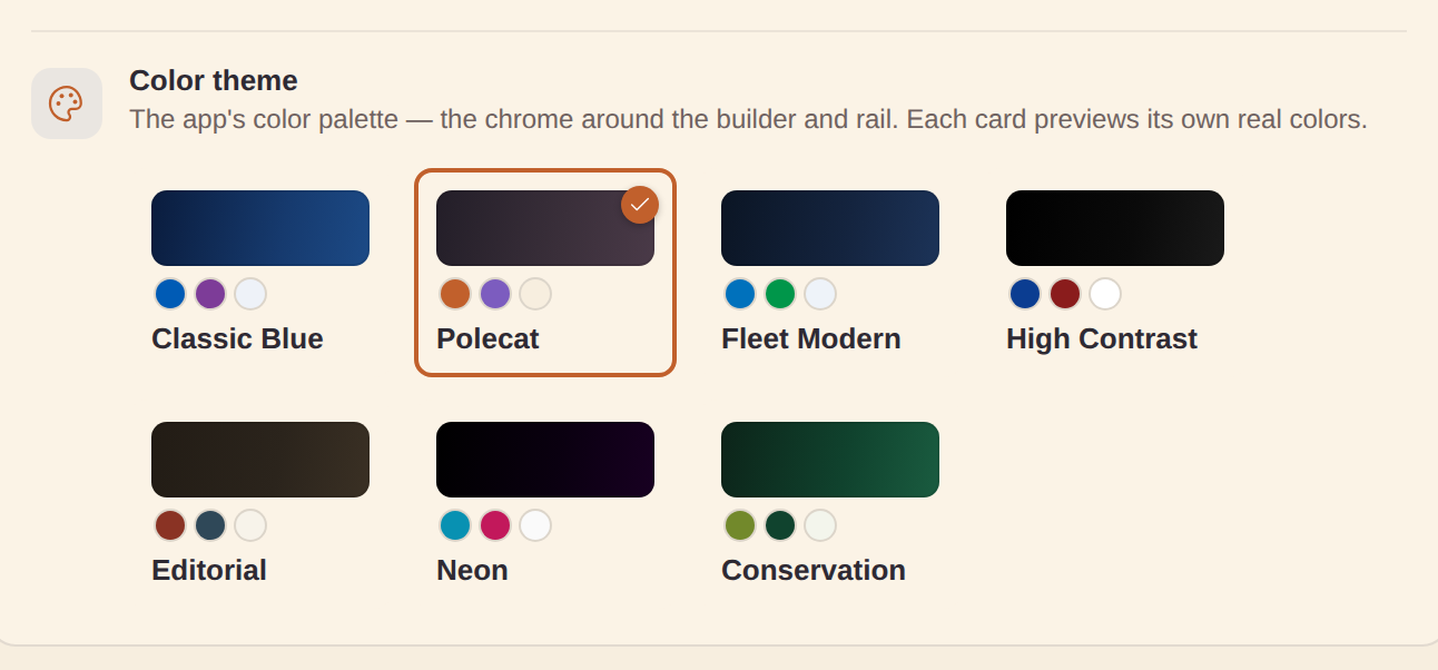 The Settings Color theme picker — seven palette cards, each previewing its real colors