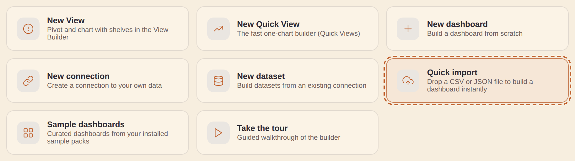 Home’s quick-action cards, with Quick import highlighted as a file drop target