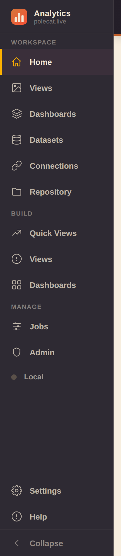 The left rail: Workspace, Build, and Manage groups, with the workspace backend indicator