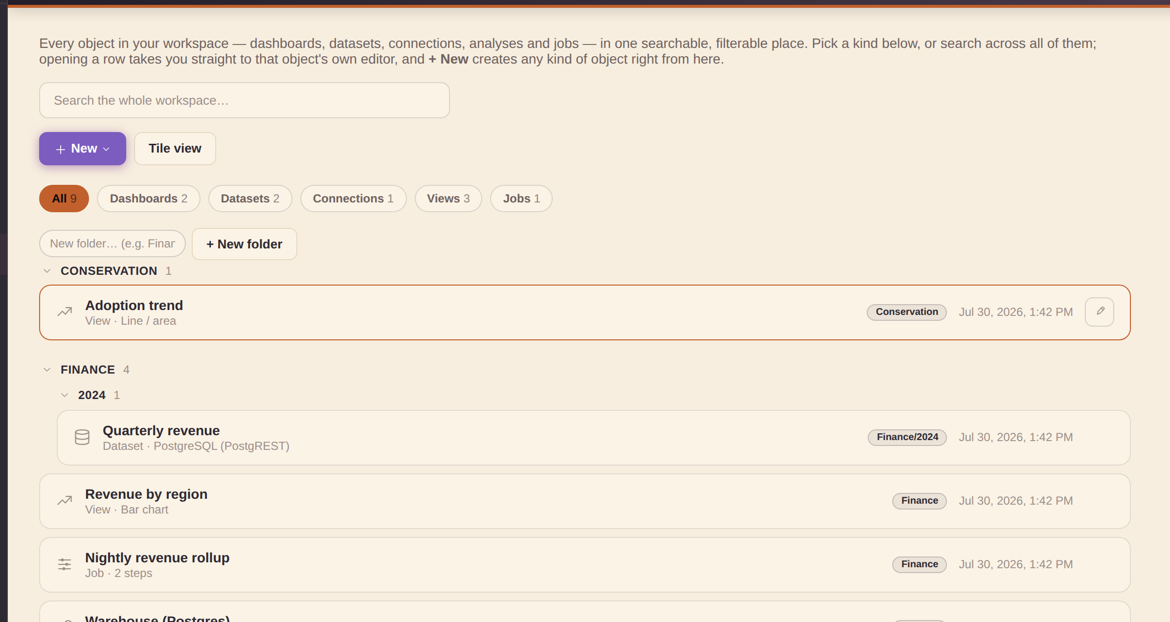 Repository: the kind chip strip and the nested folder tree over every workspace object