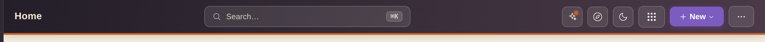 The global top bar: section name left, search center, quick actions right