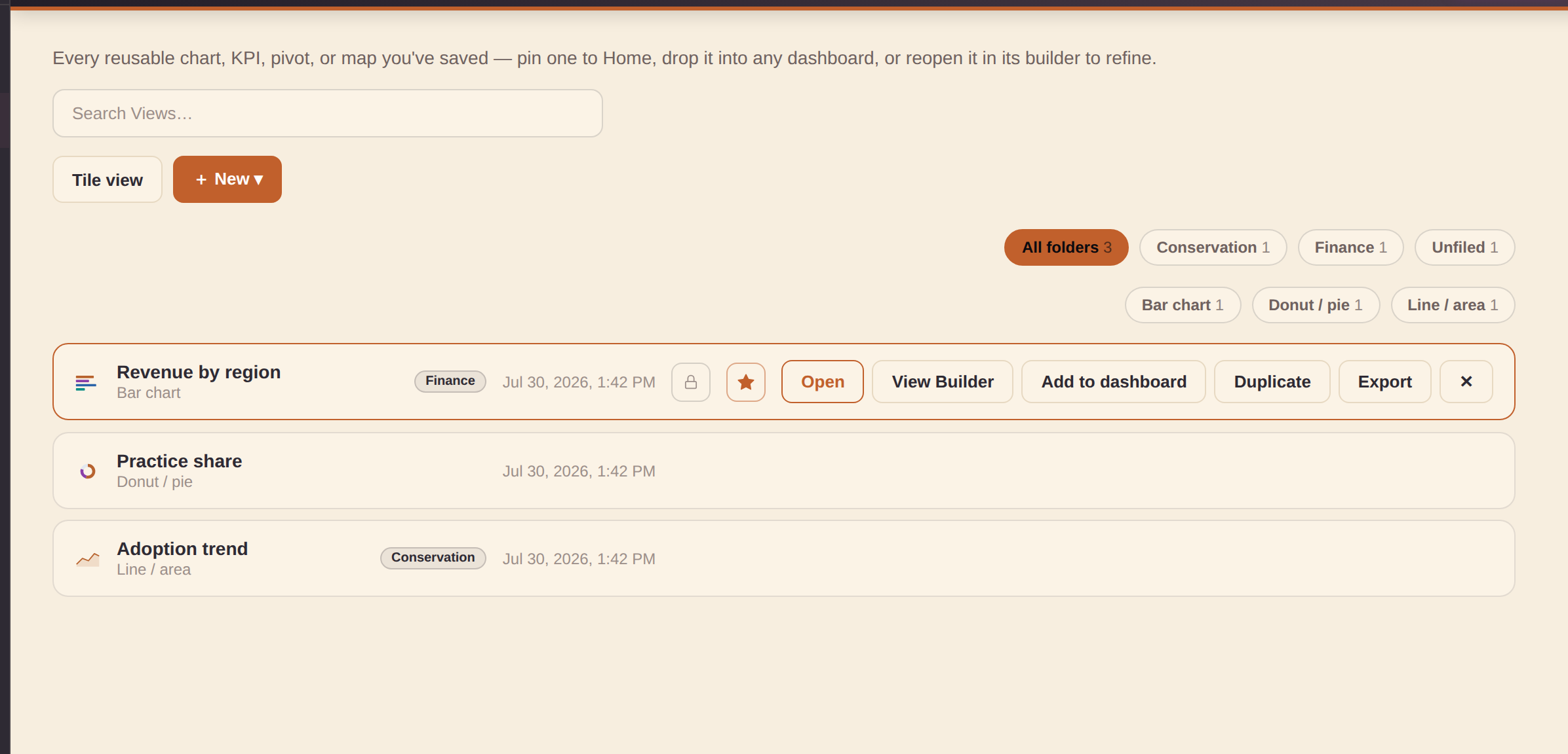 The Views catalog: chart-type icons, folder badges, and per-row actions
