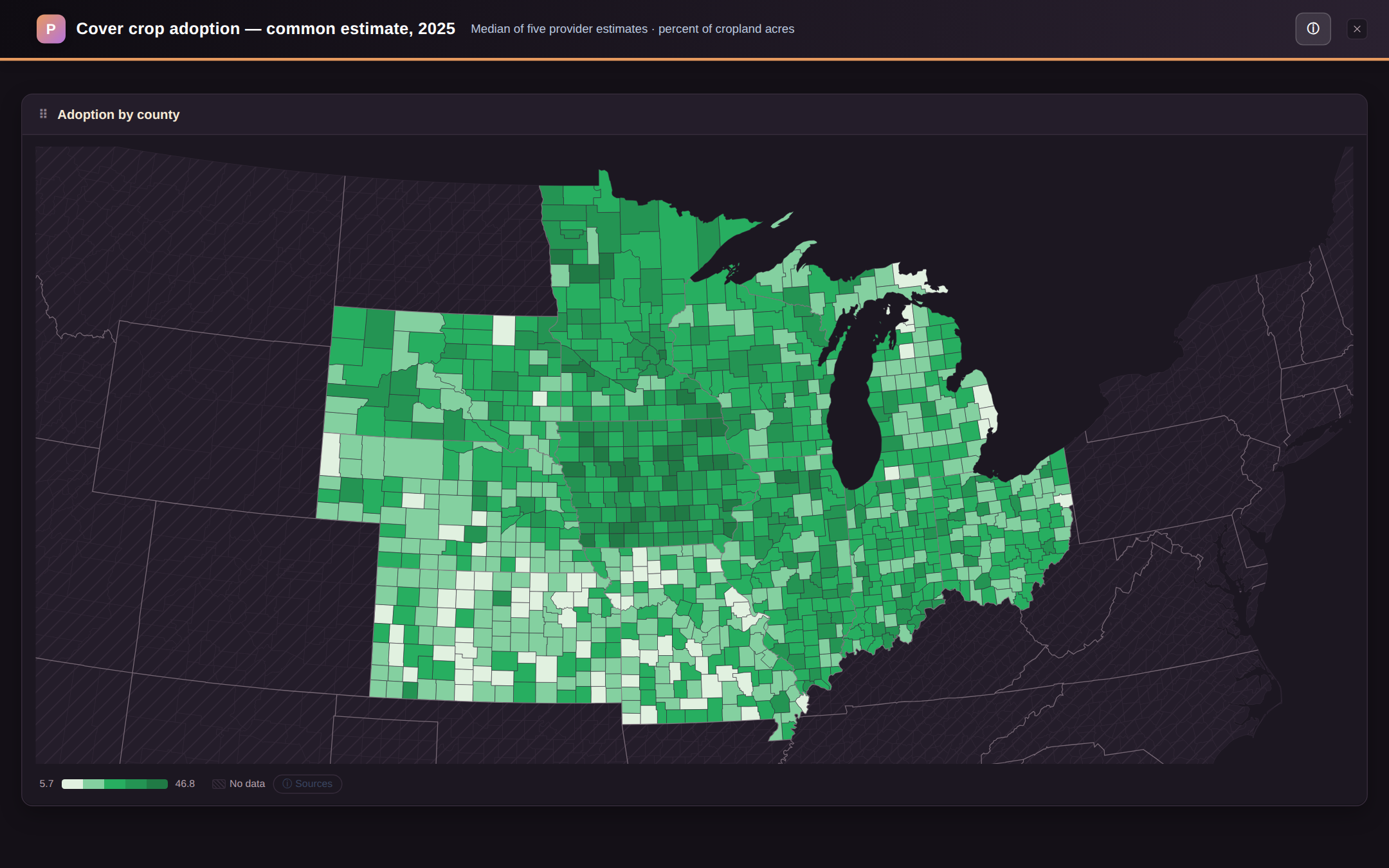 A US county choropleth of the Corn Belt in dark mode