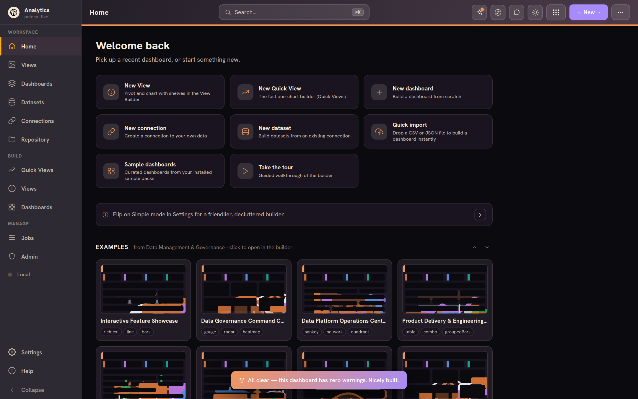 The Dashboard Builder in dark theme with the data and inspector panels