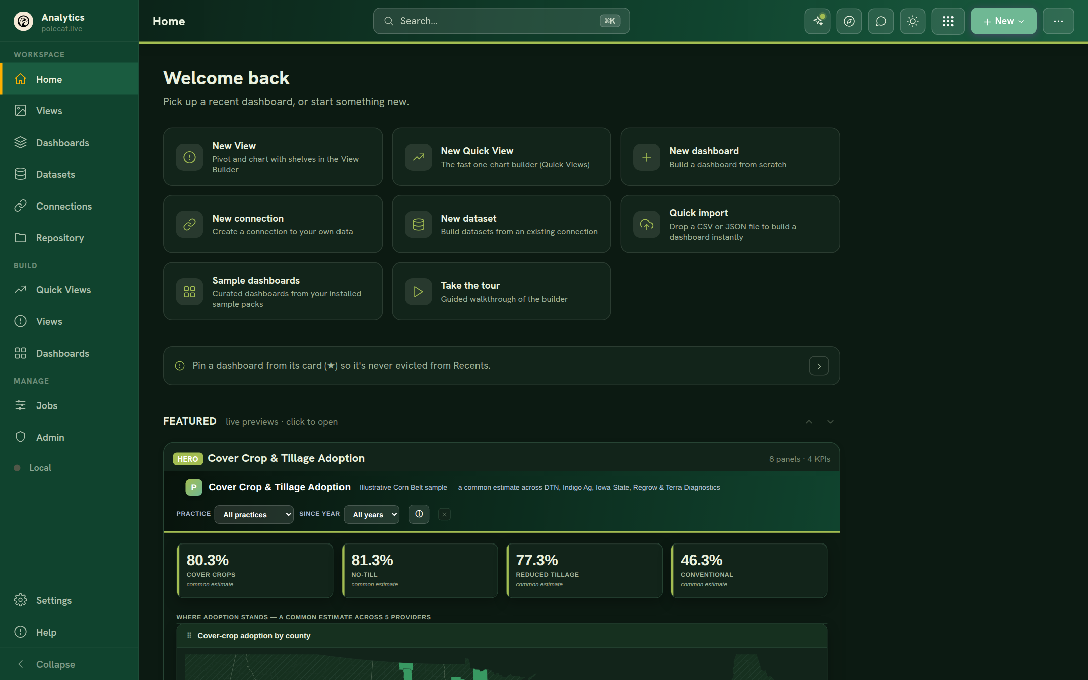 The app chrome in the Conservation palette, dark mode