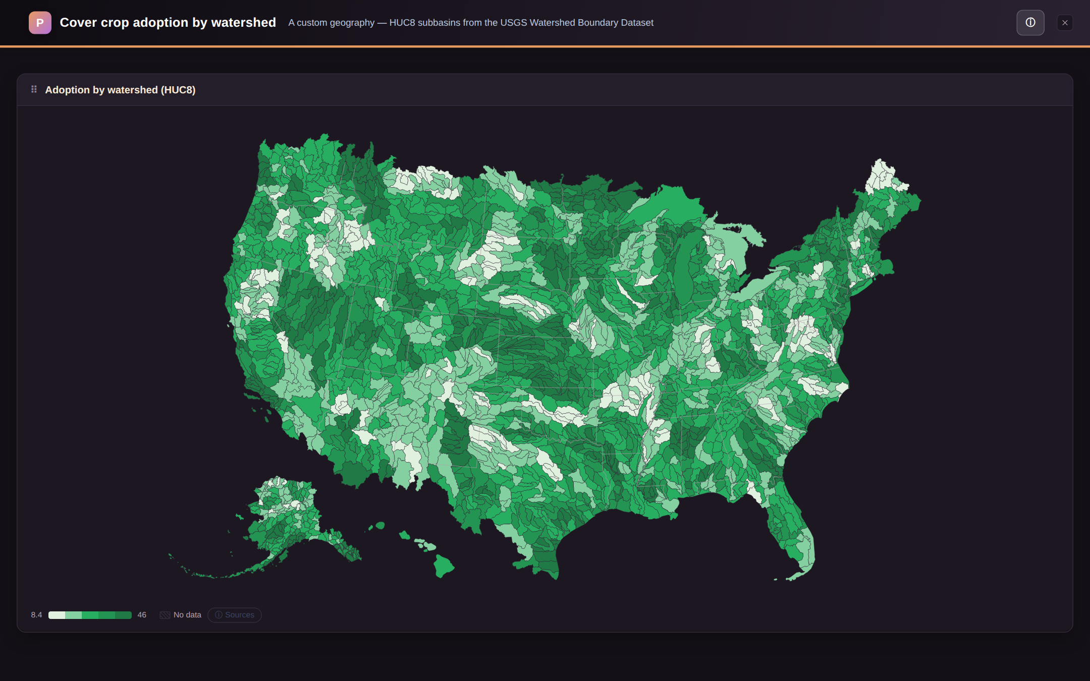 A HUC8 watershed choropleth — a custom geography, in dark mode